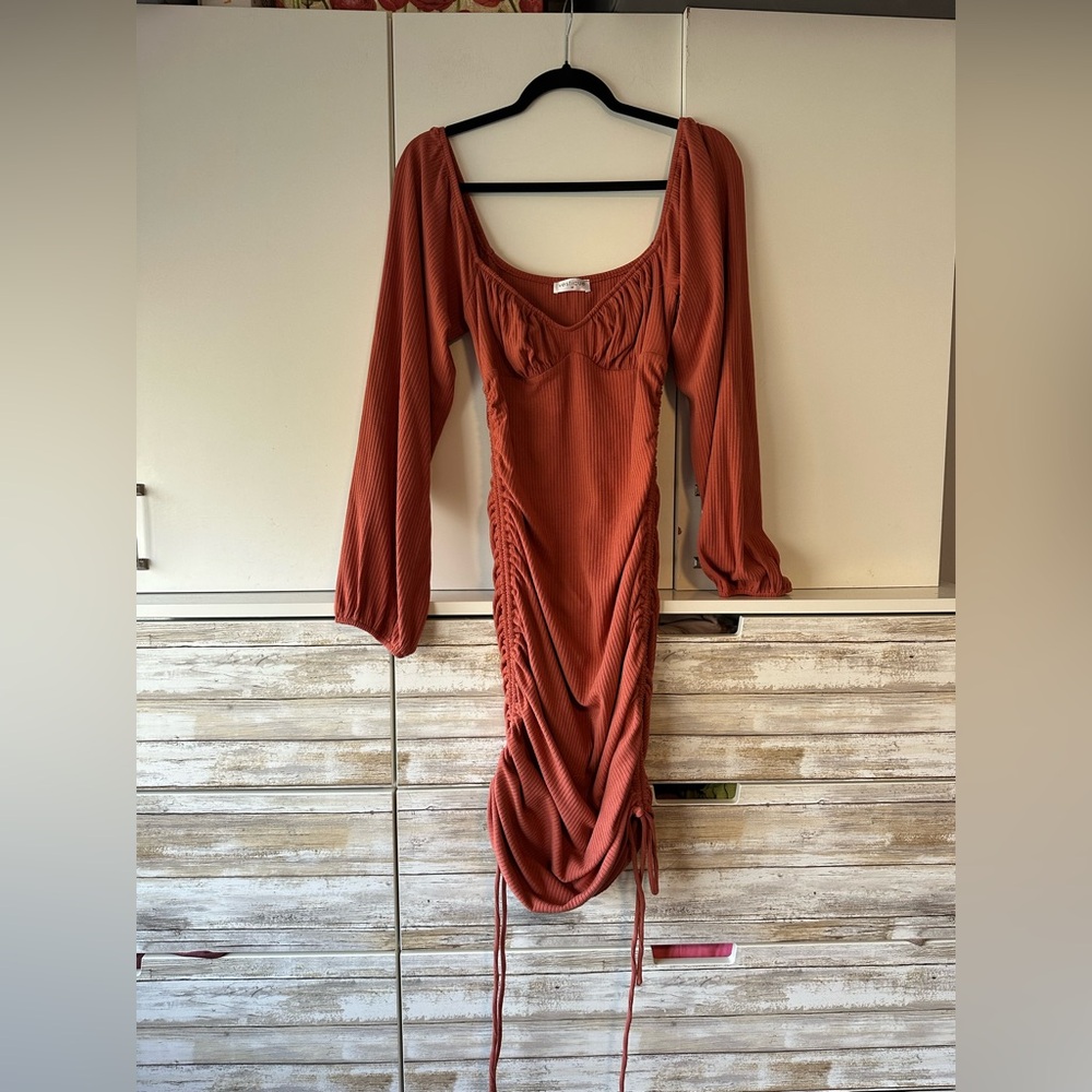 🤎 Vestique Terracotta Ruched Bodycon Dress M Long Sleeve Cottagecore